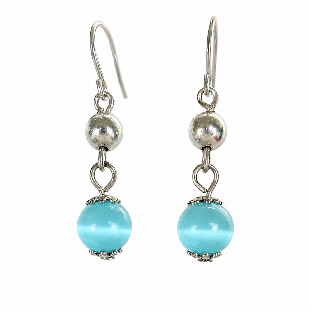 Vintage 1950s Aqua Blue Cat Eye Glass Bead Drop Earrings Silver Dangle Dreamy